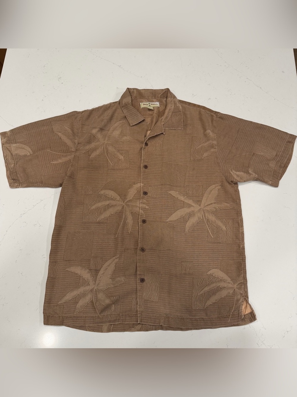 Tommy Bahama Men’s Brown Tonal Palm Print Short Sleeve Button Down Shirt - Large